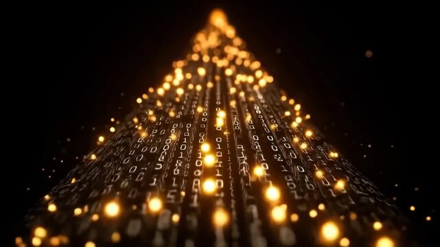 Digital Christmas tree constructed from binary code illuminated by sparkling lights