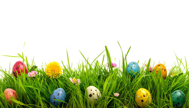 Ostereier im Gras isoliert auf wei&szlig;em Hintergrund &ndash; Freisteller f&uuml;r Osterdesign und Compositing