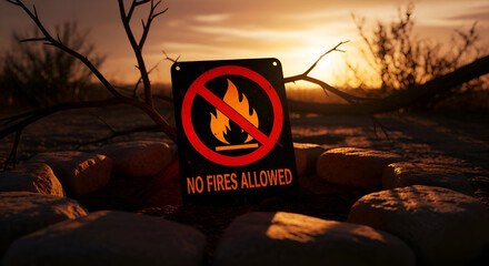 Campfire Prohibition Sign Displayed During Sunset Symbolizes Dangerous Fire Hazards Issues