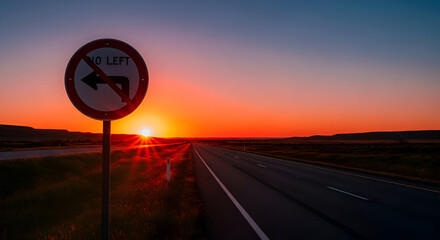 Dramatic Sunset Over Empty Road With No Left Turn Sign Guiding The Way