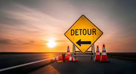 Dramatic Sunset Over Road with Detour Sign and Cones Demonstrates Road Closure