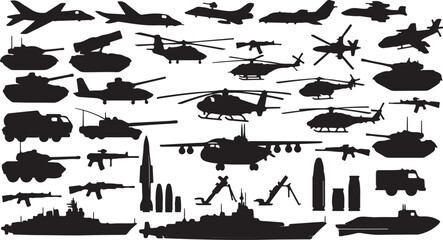 Illustration of silhouettes of various military equipment