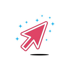 Red cursor icon clicking through digital space surrounded by sparkling stars and light effects vector