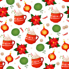 Vector cartoon Christmas seamless pattern with poinsettia flowers, mugs with whipped cream and candy canes, yarn balls, christmas toys, candies and confetti isolated on a white background.