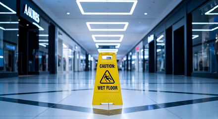 Caution Sign Warns Of Wet Floor In Modern Shopping Center, Safety First Is Paramount