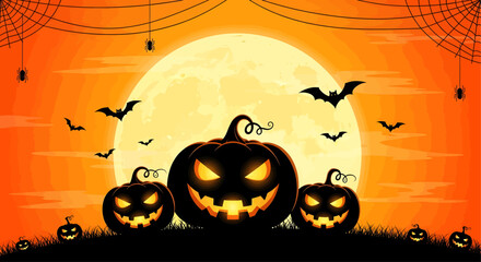 Spooky halloween night with jack o lanterns bats and full moon vector