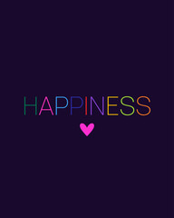 Digital illustration with lettering Happiness in vibrant rainbow colors, each letter in a different color, placed on a deep purple background with decorative dashed purple line. 