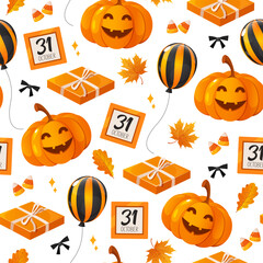Vector seamless pattern for Halloween holiday with smiling pumpkins, gift boxes, black and orange striped balloons, candy corns, black bows, calendar pages showing "31 October", and autumn leaves