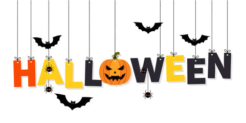 Hanging halloween decorations with spooky bats and a jack o lantern vector