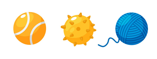 Cartoon illustration of colorful pet toys including various balls for dogs and cats, isolated on a white background. 