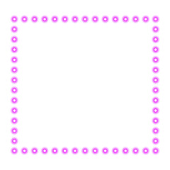 Bright retro pink purple light square box frame border with glowing vintage neon led lights bulbs for presentation template, advertising banner and poster decoration on transparent background