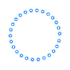 Glowing blue circle of led lights forming a bright round border and illuminated frame with neon light ring and abstract circular retro aura on transparent background