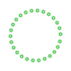 Glowing green circle of led lights forming a bright round border and illuminated frame with neon light ring and abstract circular retro aura on transparent background