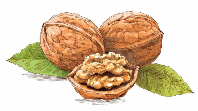 Whole and cracked walnuts with kernels and green leaves in hand-drawn sketch style on white background, symbolizing healthy organic food
