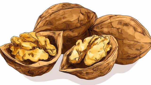 walnuts, nut, food, healthy, organic, nutrition, handdrawn, sketch, snack, raw, ingredient, brown, isolated, closeup, shell, cracked, kernel, natural, vegetarian, protein, vegan, agriculture, dried, b