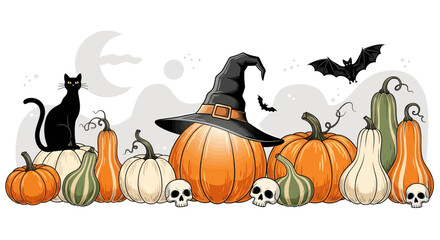 Whimsical halloween scene with pumpkins witch hat black cat bat and skulls festive autumn decoration vector