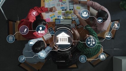 Aerial view of diverse professionals engaged in collaborative planning for legal services, surrounded by digital icons representing justice and workflow efficiency in a modern office setting. Raster