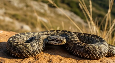 Obraz premium A snake coiled on a rock in a natural setting.