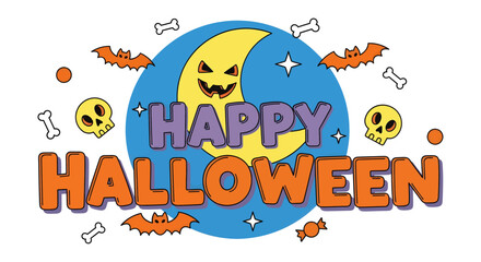 Spooky happy halloween moon with bats skeletons and bones festive celebration vector