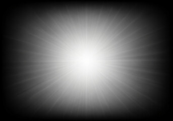 Black and white radial vignette abstract background. Smooth monochrome gradient from bright center glow to dark edges. black border shading.