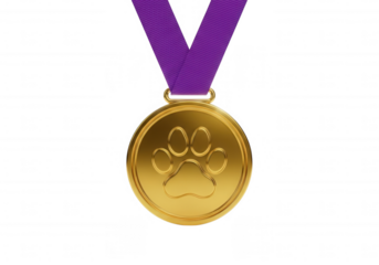 Golden paw medal purple ribbon isolated on a transparent background