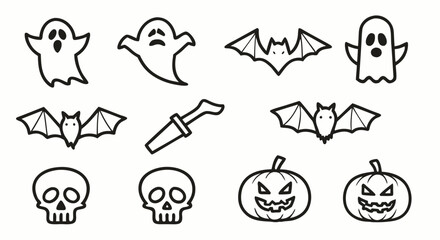 Spooky Halloween icons including ghosts, bats, pumpkins, and skulls for festive designs and projects

