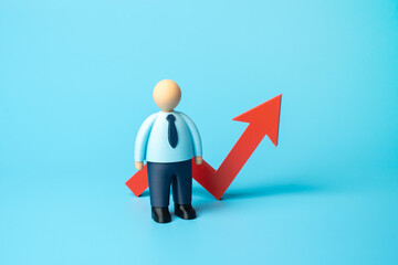 Office worker and red arrow on graph pointing up. Increase in workers' wages. Salaries and taxes on...