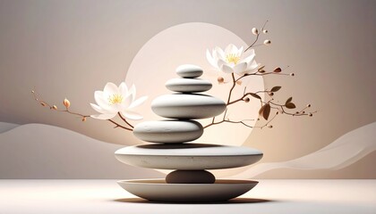 Zen Stone Stack with Lotus Flowers with Serene Spa Backdrop.