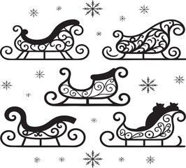 A collection of decorative christmas sleighs with intricate designs and snowflake accents on white background