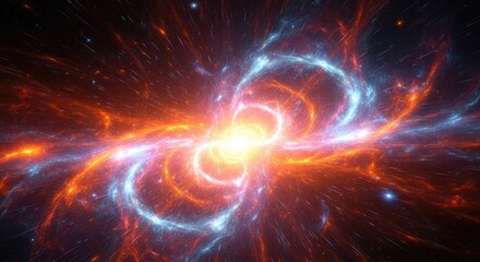 A vibrant, colorful, starburst-like nebula with orange and blue hues, swirling around a bright, central point, set against a dark, starry background.