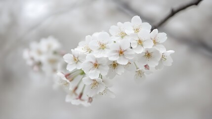 Delicate cherry blossoms in full bloom on a branch in soft light