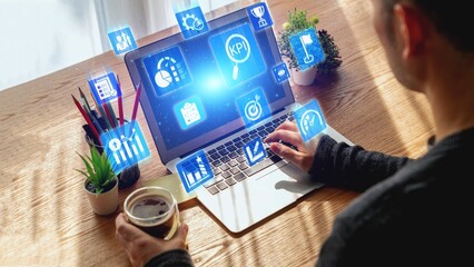 KPI icons show performance metrics, goals, and achievement measurement. KPI helps business track...