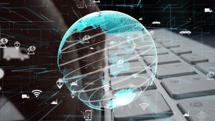 This image depicts a digital globe with network connections, representing the intersection of technology and communication against a keyboard backdrop. Xenic