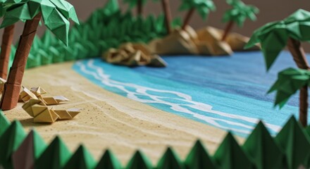 Vibrant Paper Craft Model of a Tropical Beach with Green Palm Trees, Sandy Shores, Blue Waves, and Origami Boats, Perfect for Creative Art, Imaginative Design, and Summer Vacation Decor Projects