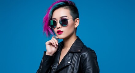Confident Young Woman with Bold Pink and Purple Asymmetrical Hairstyle, Reflective Sunglasses, and Black Leather Jacket Against a Blue Background, Perfect for Modern Fashion, Edgy Style, and Trendy