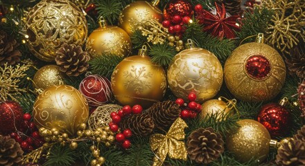 Luxurious Christmas Decoration with Gold and Red Baubles, Intricate Snowflakes, Pinecones, Red Berries, and Gold Ribbons on Green Pine Branches, Perfect for Festive Holiday and Seasonal Celebration