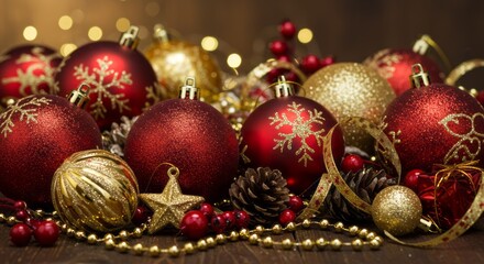 Festive Christmas Arrangement with Red and Gold Baubles, Snowflake Patterns, Pinecones, Red Berries, and Gold Beads on a Warm Wooden Surface, Perfect for Holiday Decoration and Seasonal Celebration