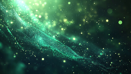 Abstract green glowing particles forming a wave on dark background with bokeh image