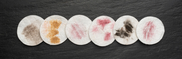 Dirty Cotton Pads, Makeup Removal, Used Cotton Disks after Makeup Cleansing, Removing Make Up