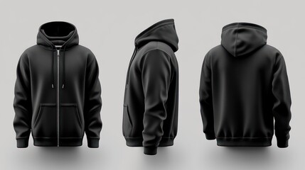Black zip-up hoodie, 3 views