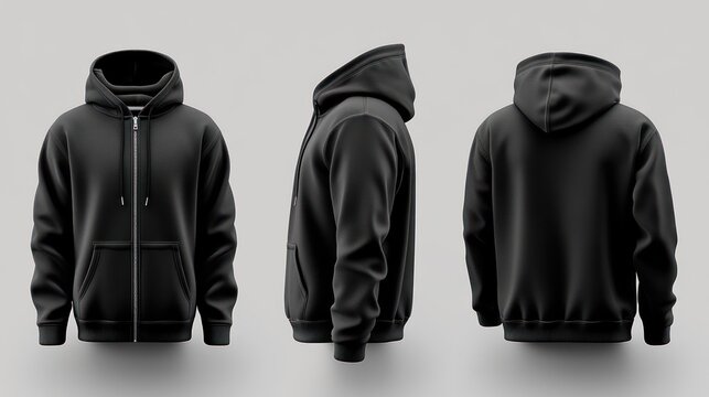 Black zip-up hoodie, 3 views