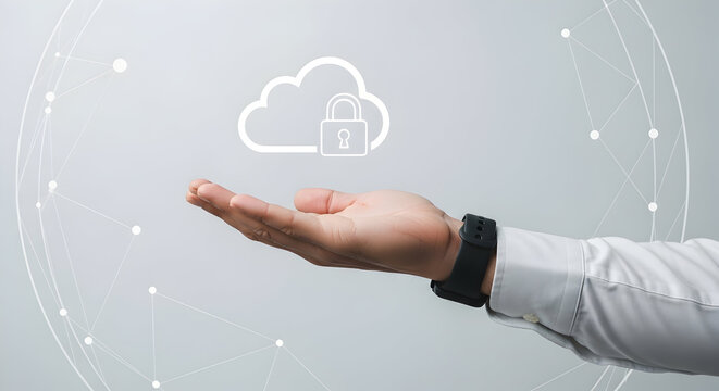 Hand holding a cloud icon with a padlock representing cloud security data protection and secure cloud storage