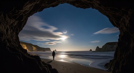 A person walks on a sandy beach at night under a starry sky