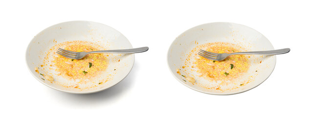 Dirty Plate Isolated, Empty Bowl after Dinner, Finished Lunch, Oil and Smeared Sauce on White Plate