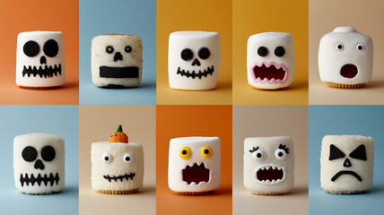 Colorful grid displays playful skeleton cupcakes ideal for Halloween parties and themed events Generative AI