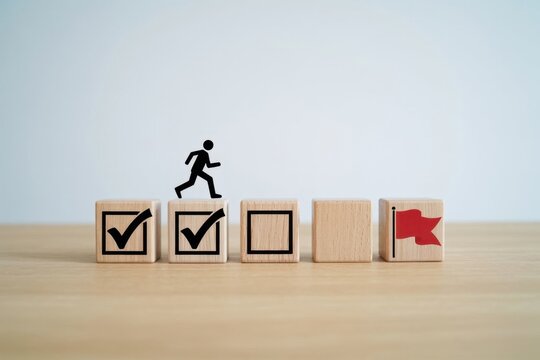 Journey to Triumph: A conceptual illustration depicting the path to achievement, showcasing a figure progressing towards a goal marked by a red flag. Progress and accomplishment.