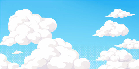 Seamless cartoon blue sky background with fluffy white clouds, a light summer pattern