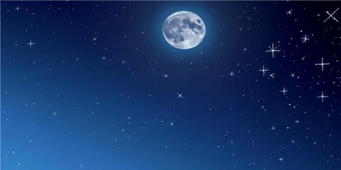 Blue dark night sky with moon and stars over the planet earth in the universe
