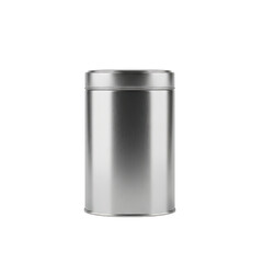 Shiny silver metal tin container mockup for food storage, tea, coffee, and powder products stock photo isolated on transparent background