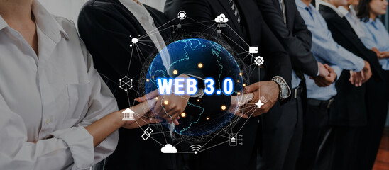 A group of professionals stands together, showcasing unity in the context of Web 3.0. This image highlights collaboration and innovation in a digital landscape. Trope